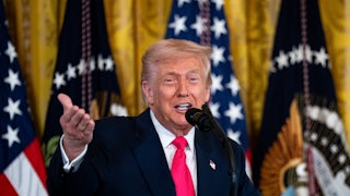 Trump gestures with one hand while speaking into a microphone, standing in front of flags.