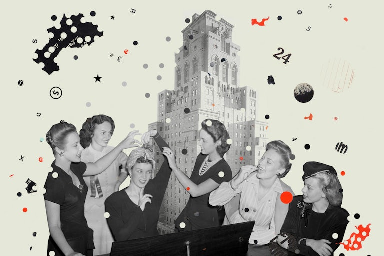 A collage of the Barbizon hotel foregrounded by a black-and-white photo of a group of women 