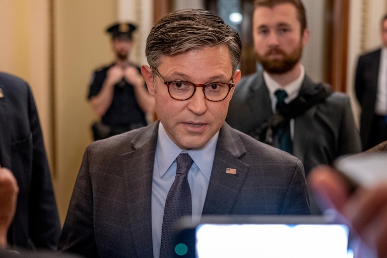 House Speaker Mike Johnson speaks to reporters in the Capitol