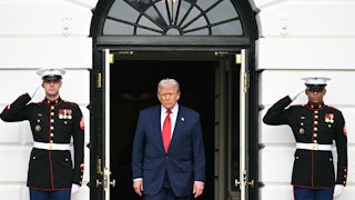 Donald Trump walks out of a door of the White House. The door is flanked on each side by a saluting soldier
