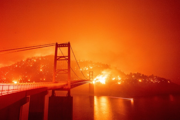 A fire burns in Oroville, California.