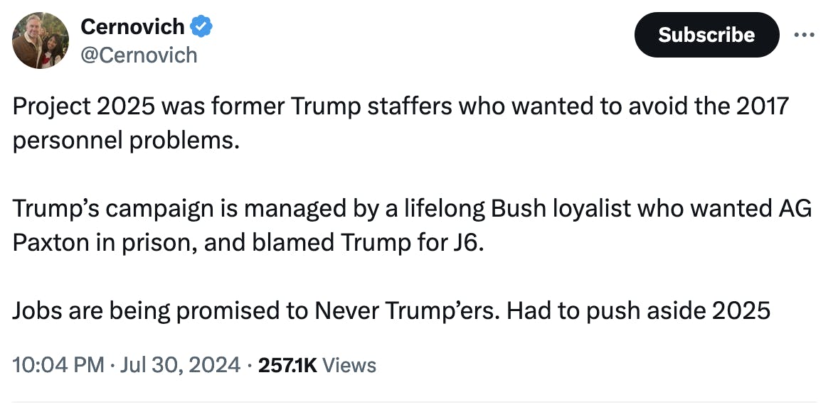 Twitter Screenshot Cernovich @Cernovich:
Project 2025 was former Trump staffers who wanted to avoid the 2017 personnel problems.

Trump’s campaign is managed by a lifelong Bush loyalist who wanted AG Paxton in prison, and blamed Trump for J6.

Jobs are being promised to Never Trump’ers. Had to push aside 2025
10:04 PM · Jul 30, 2024 · 257.1K Views