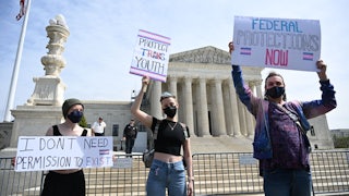 Transgender rights activists gather in front of the US Supreme Court last year.