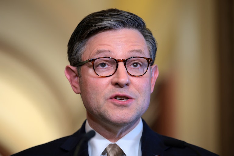 House Speaker Mike Johnson speaks to reporters in the Capitol