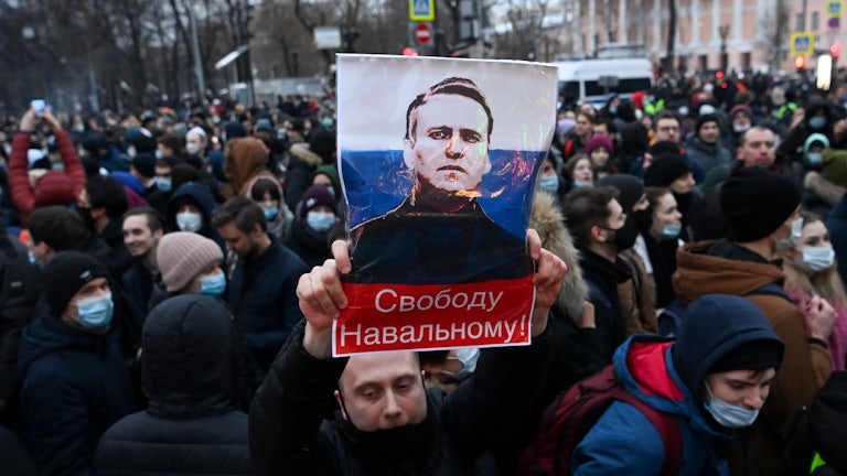 Protesters march in support of jailed opposition leader Alexei Navalny in downtown Moscow.