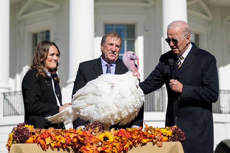Joe Biden and two others stand behind a turkey positioned on a table festooned with autumn leaves and flowers.