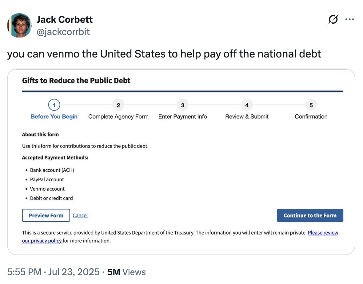 X screenshot Jack Corbett @jackcorrbit you can venmo the United States to help pay off the national debt (screenshot of Treasury page)