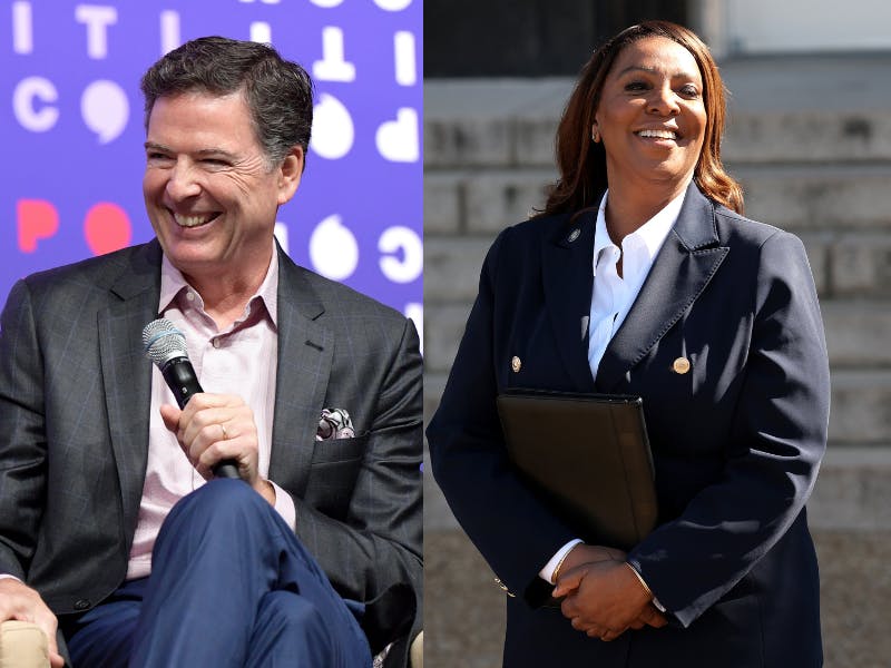 Splitscreen of James Comey and Letitia James