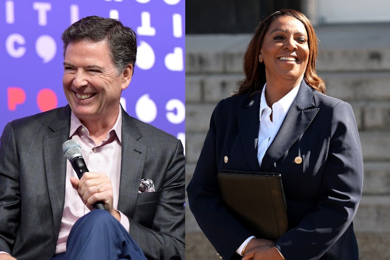 Splitscreen of James Comey and Letitia James