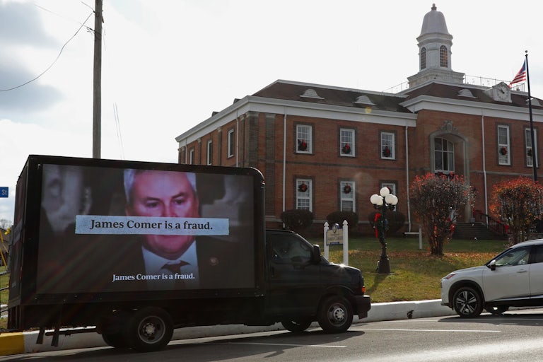 Congressional Integrity Project launches a mobile billboard calling out House Oversight Chairman James Comer for having his own Shell Company on December 18, 2023 in Tompkinsville, Kentucky.