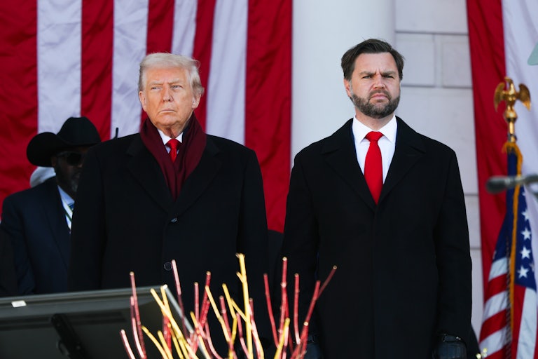 Donald Trump and JD Vance stand next to each other during a Veterans Day event at Arlington National Cemetery