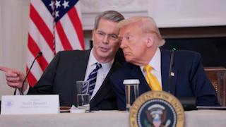 Scott Bessent points while saying something to Donald Trump