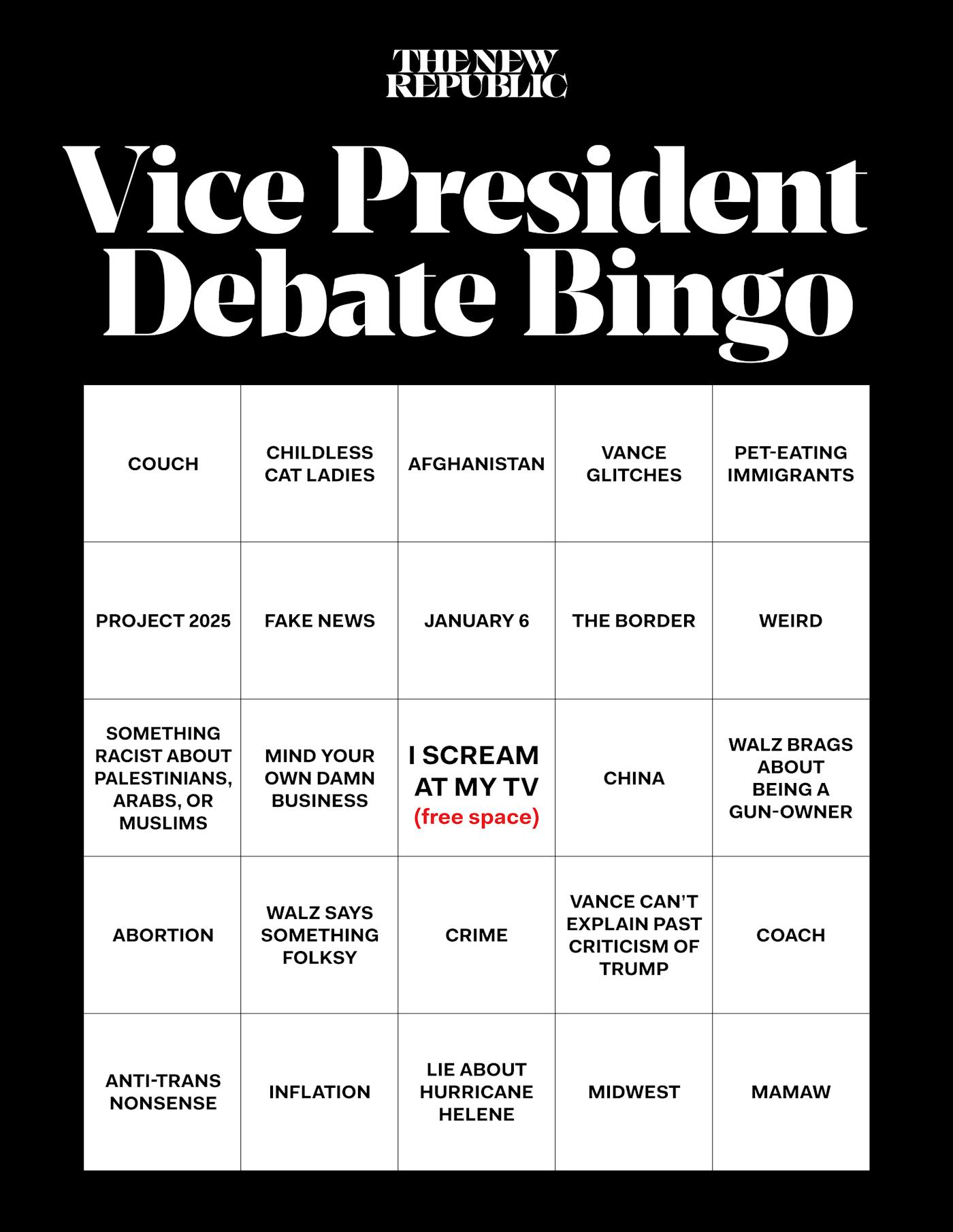 V.P. Debate Bingo Card