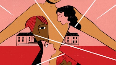 Illustration of four women’s faces and overlapping arms in a fractured composition, suggesting division and inequality