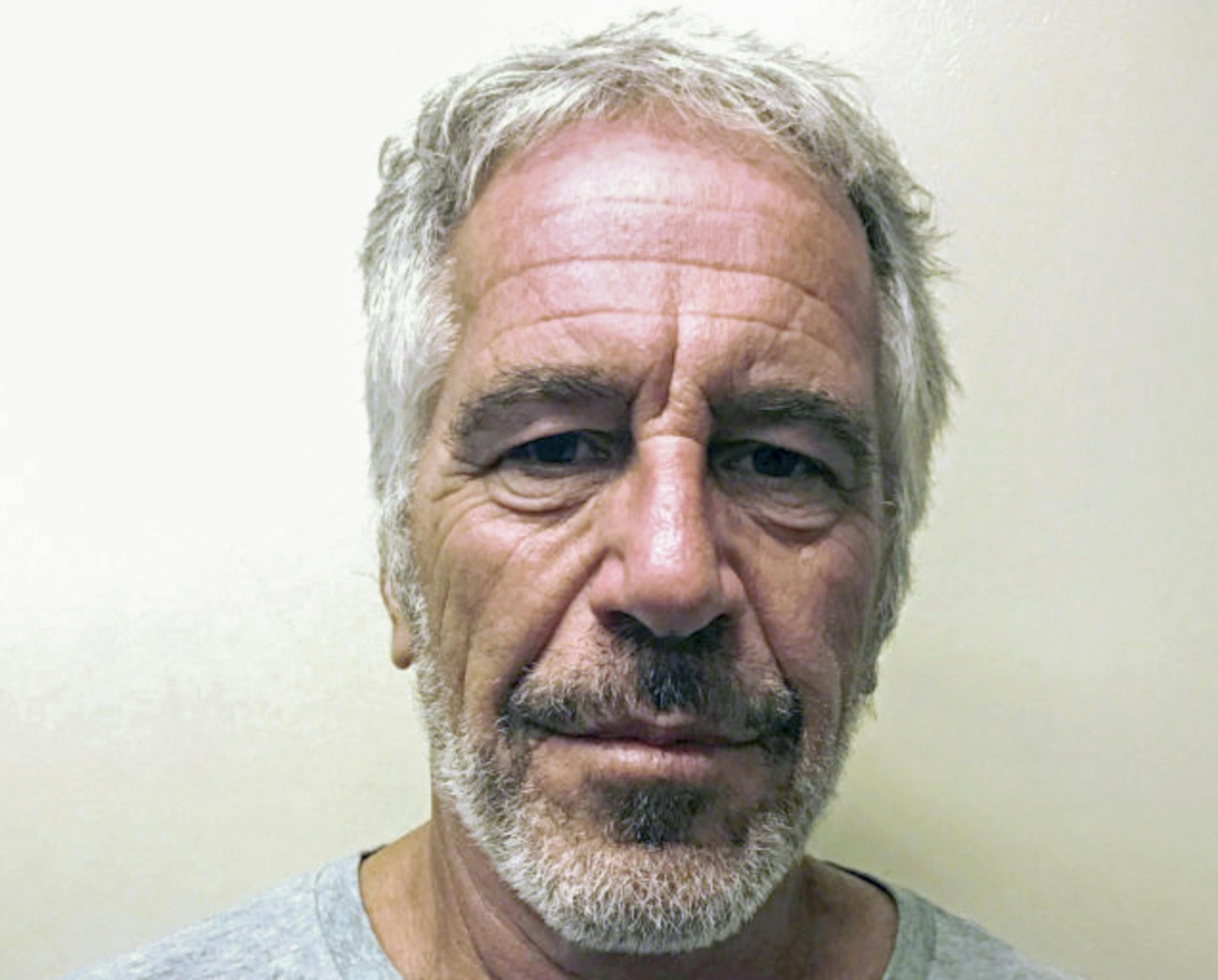 A mugshot of a bearded Jeffrey Epstein with an off-white background. 