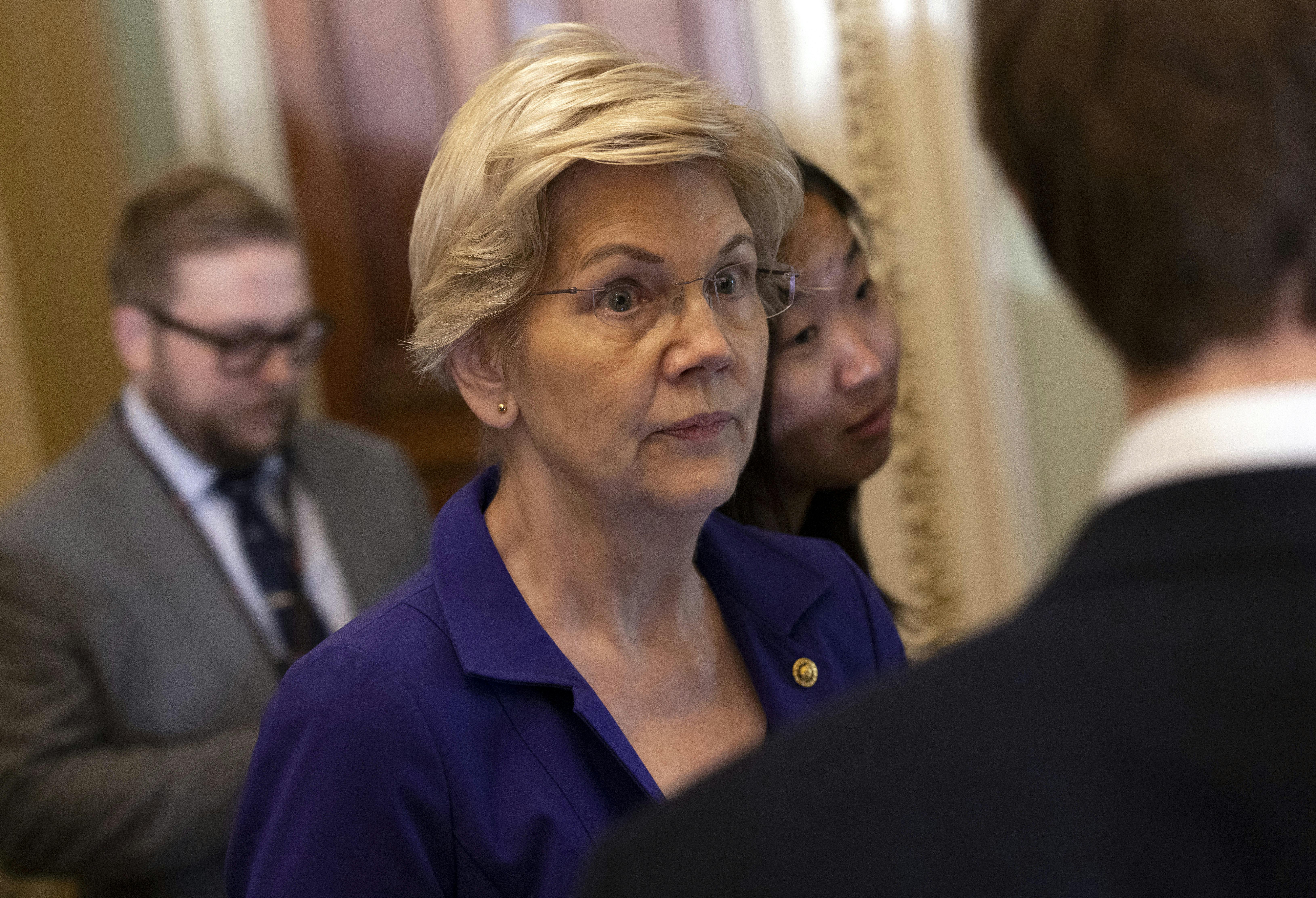 Elizabeth Warren wearing a purple suit 