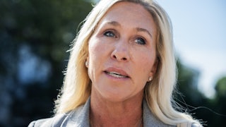 Representative Marjorie Taylor Greene speaks to reporters outside the Capitol