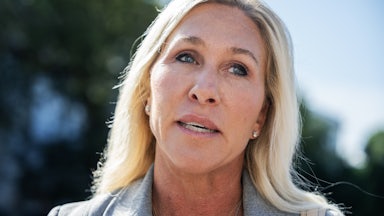 Representative Marjorie Taylor Greene speaks to reporters outside the Capitol