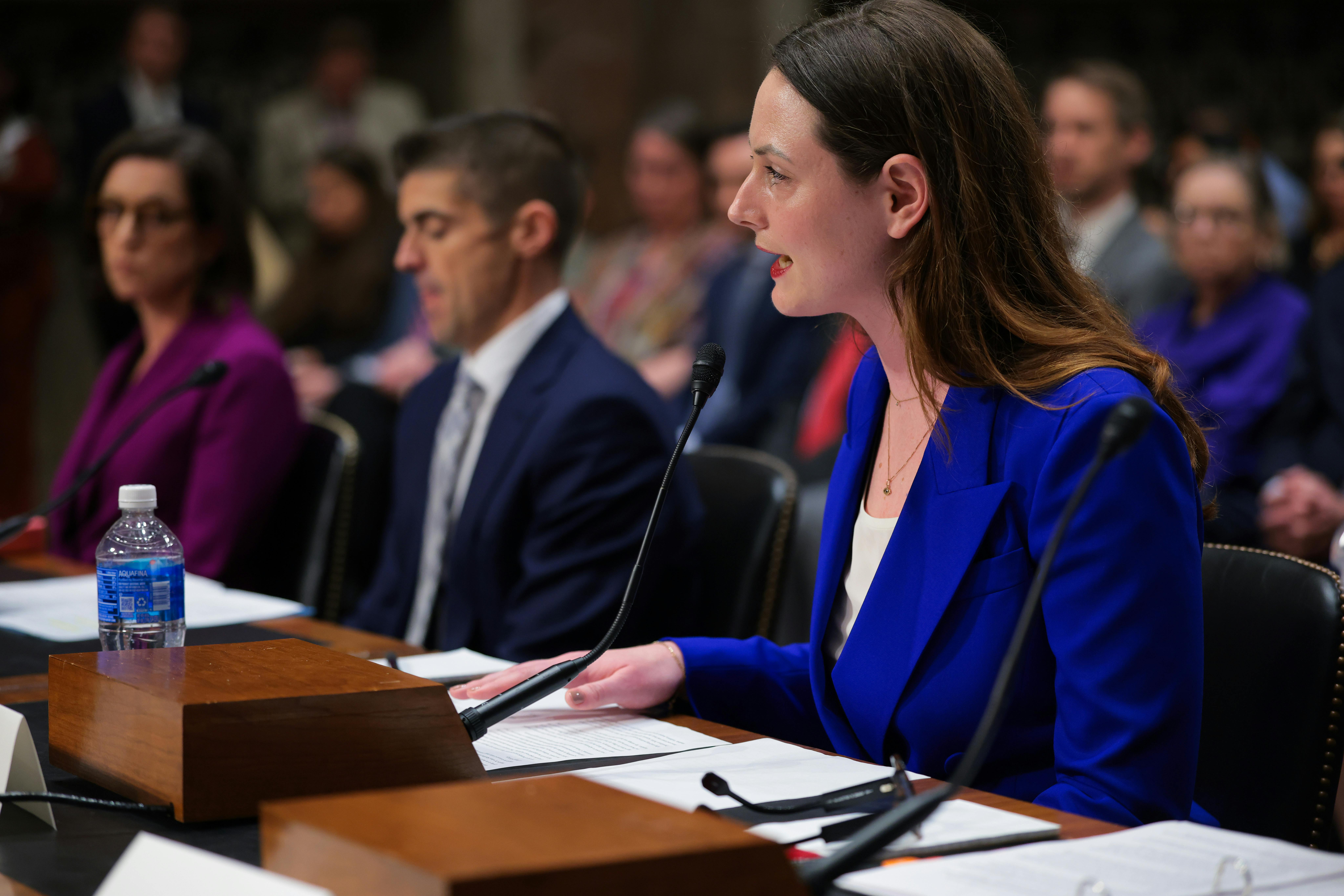 Rachel Cohen, a third-year law associate who resigned over a deal she says her high-powered law firm Skadden Law reached with the Trump administration for $100 million dollars of free legal work supporting the president’s agenda, speaks during a bicameral hearing on the U.S. Justice Department.