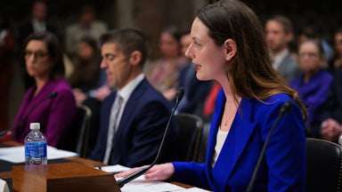 Rachel Cohen, a third-year law associate who resigned over a deal she says her high-powered law firm Skadden Law reached with the Trump administration for $100 million dollars of free legal work supporting the president’s agenda, speaks during a bicameral hearing on the U.S. Justice Department.