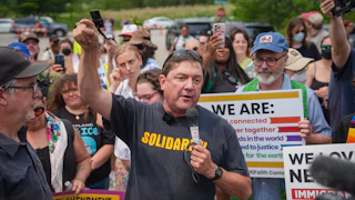 Maine Senate candidate Troy Jackson at a demonstration against ICE