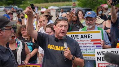 Maine Senate candidate Troy Jackson at a demonstration against ICE
