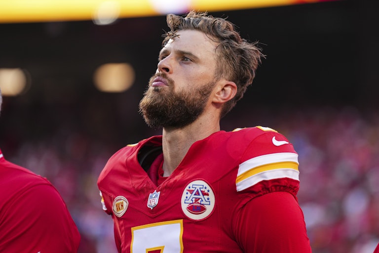 Harrison Butker looks up