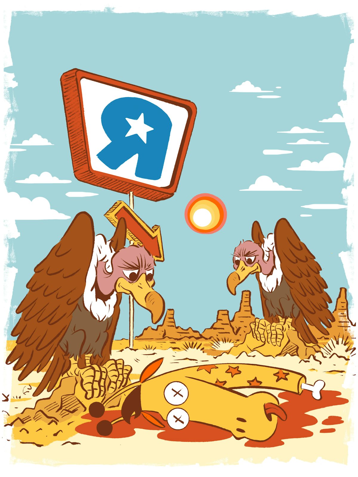 Vultures hover over the body of Geoffrey the Toys R Us mascot, symbolizing the private equity company that stripped Toys R Us of its value