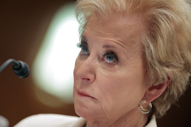 Education Secretary Linda McMahon looks up while testifying in the Senate