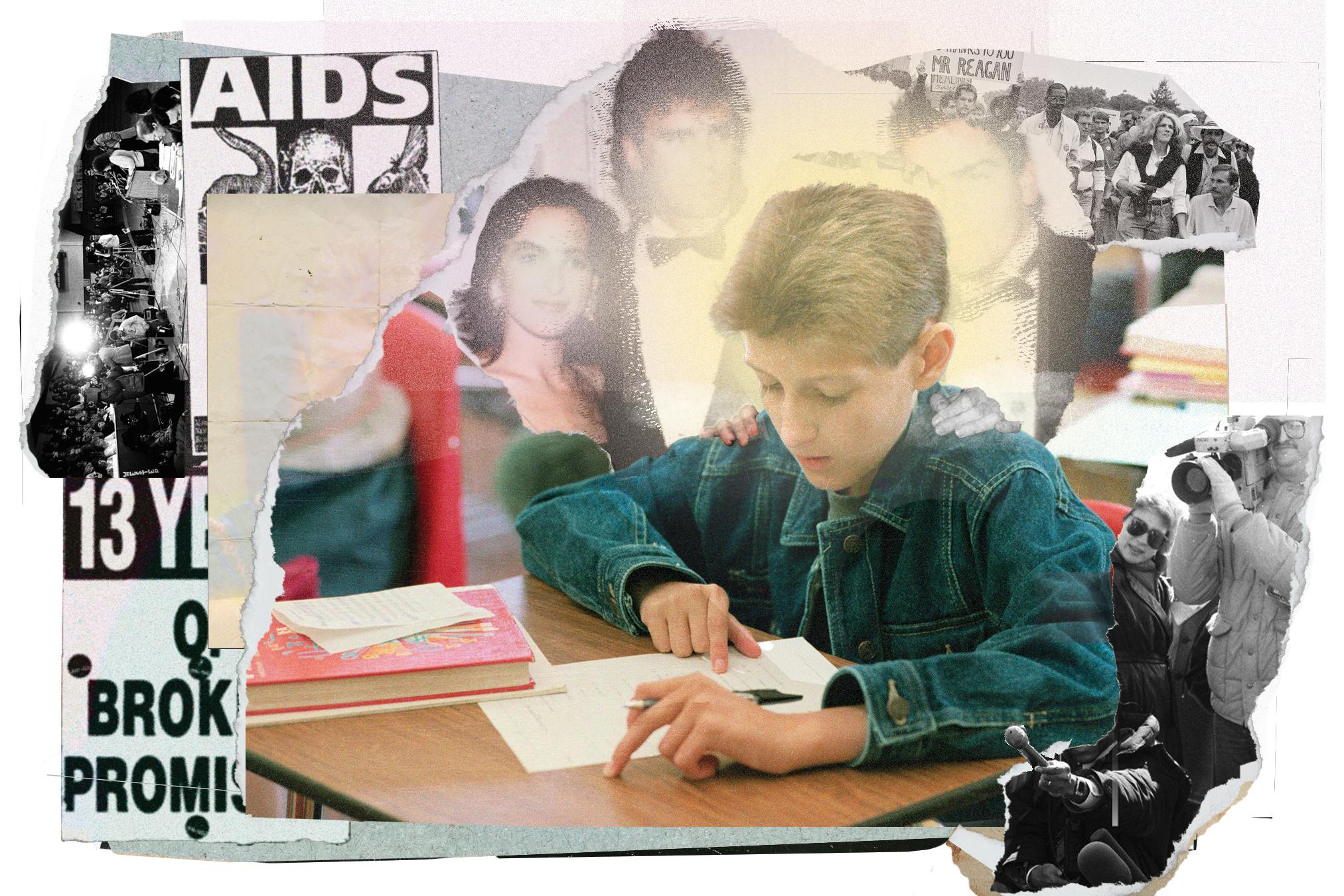Photograph of Ryan White surrounded by imagery related to the AIDS crisis and activism