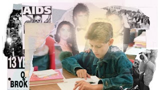 Photograph of Ryan White surrounded by imagery related to the AIDS crisis and activism