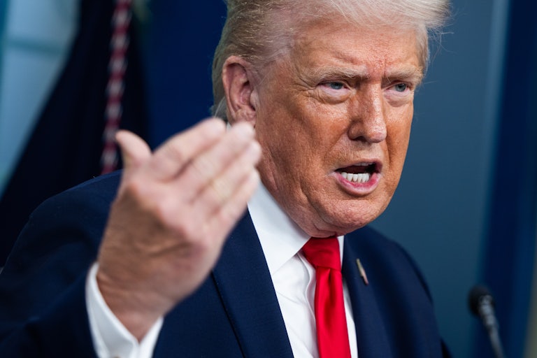 President Donald Trump speaks in the White House press briefing room.