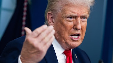 President Donald Trump speaks in the White House press briefing room.