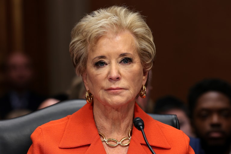 Education Secretary Linda McMahon testifies in a congressional hearing.