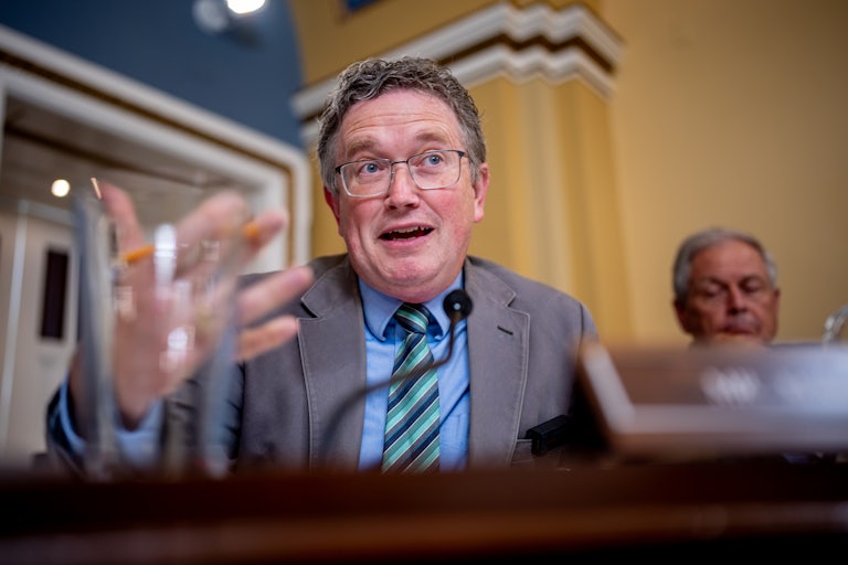 Representative Thomas Massie gestures as he speaks