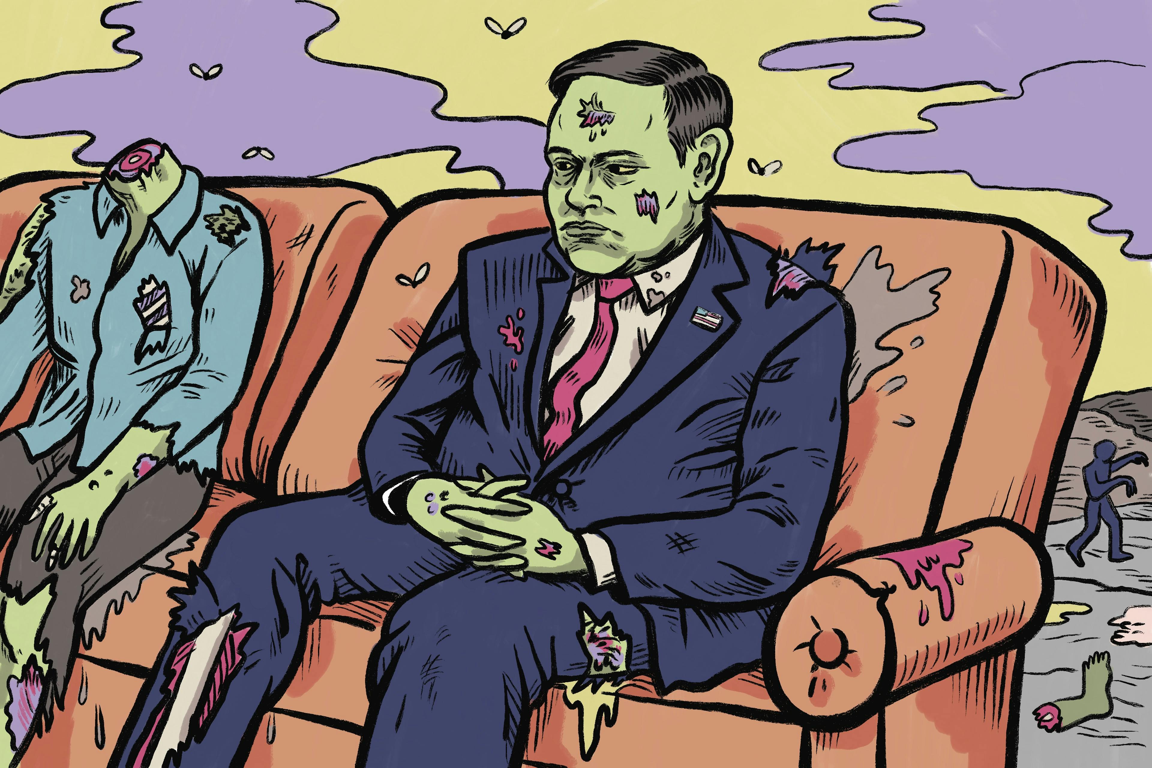 Illustration of Marco Rubio depicted as a living corpse