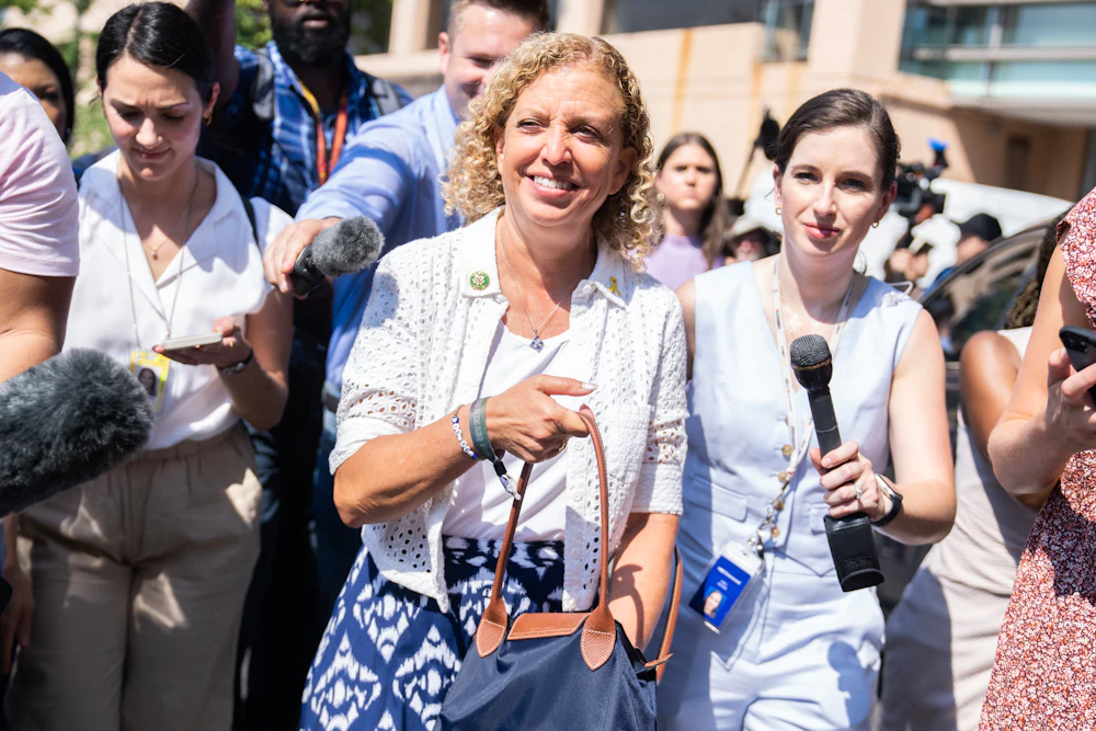 Debbie Wasserman Schultz talking to reporters in Washington
