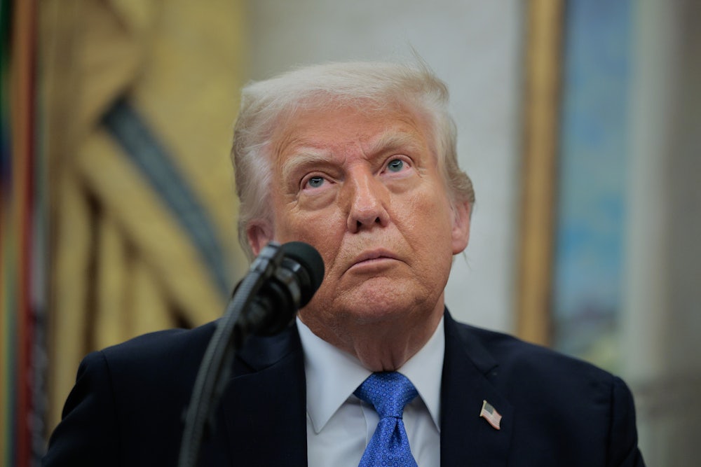 Donald Trump is staring into the upper left corner, wearing a dark suit and blue tie, with a microphone positioned to the left of his mouth.
