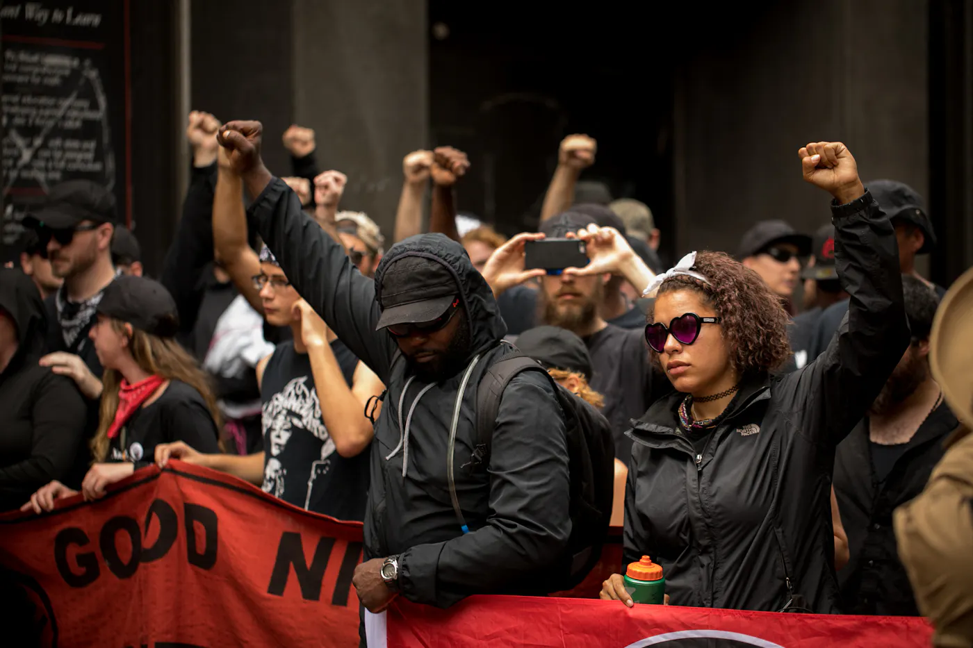 Antifa marchers in Charlottesville, Virginia, in August 2018, one year after the confrontation with white nationalists in that city