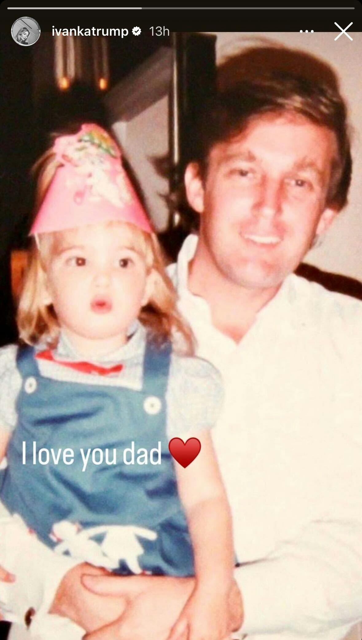 Instagram Screenshot: Donald Trump holding a toddler Ivanka Trump who seems to be wearing a birthday hat. The caption says "I love you dad" with a heart emoji.