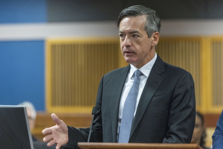 Kenneth Chesebro speaks to Fulton County Superior Court Judge Scott McAfee during a hearing where Chesebro accepted a plea deal in a case related to his alleged role as the legal architect of a fake elector plot to undermine the 2020 elections.