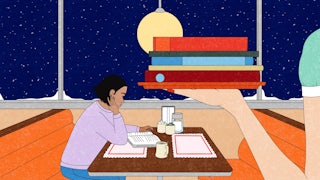Illustration of a woman reading books in a diner