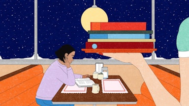 Illustration of a woman reading books in a diner