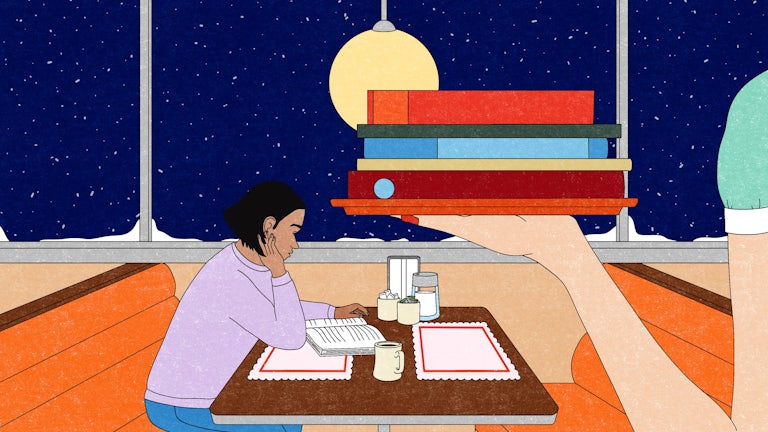 Illustration of a woman reading books in a diner