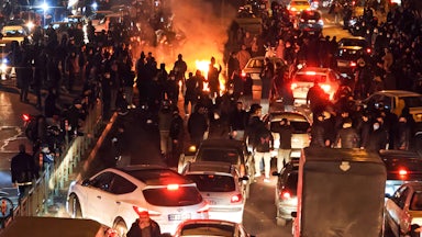 People gather during protest on January 8, 2026 in Tehran, Iran. Demonstrations have been ongoing since December, triggered by soaring inflation and the collapse of the rial, and have expanded into broader demands for political change.