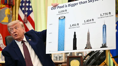Donald Trump speaks while sitting at his desk in the Oval Office. He holds up a poster comparing the length of the Reflecting Pool to heights of various skyscrapers.