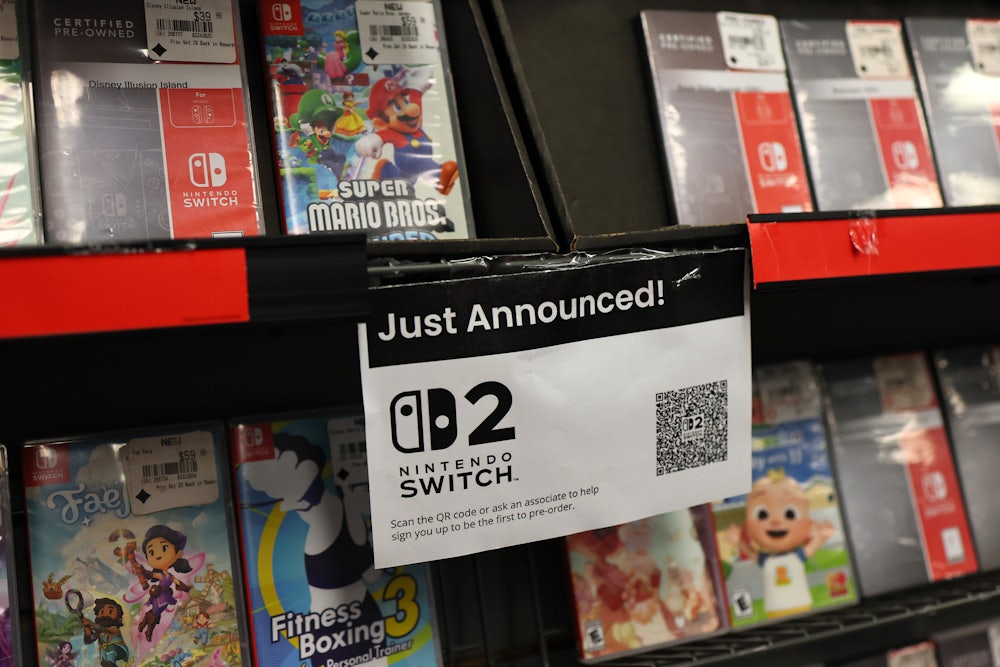 An announcement for the Nintendo Switch 2 is displayed at a Gamestop store in Union Square in New York City.