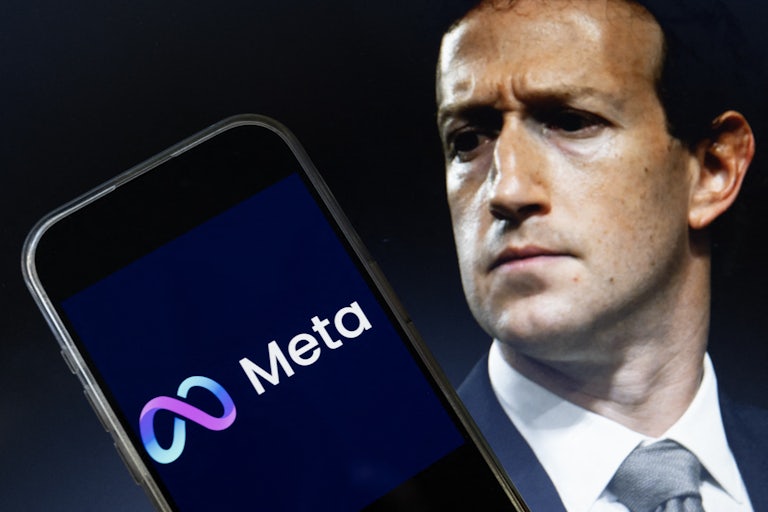 A phone screen displays the Meta logo, and behind the phone is an image of Meta CEO Mark Zuckerberg