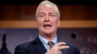 Sen. Chris Van Hollen speaks at a news conference on the Trump Administration's planned cuts to the Social Security Administration.