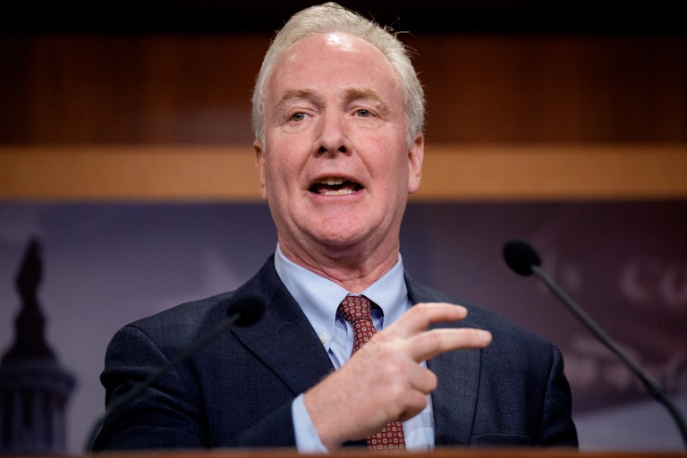 Sen. Chris Van Hollen speaks at a news conference on the Trump Administration's planned cuts to the Social Security Administration.